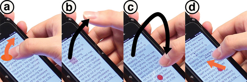 :img example interaction above and on the surface of a phone supported by adding a depth camera to the front of the phone -- shows interacting with text, 70%, width